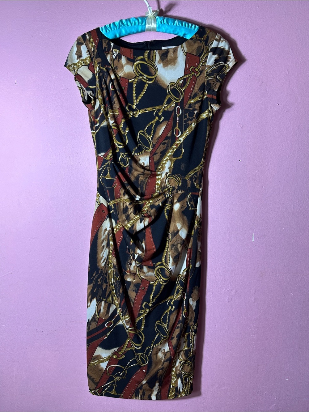 Vintage Cache Midi Drape Dress in Black, Brown & Gold Chain Print